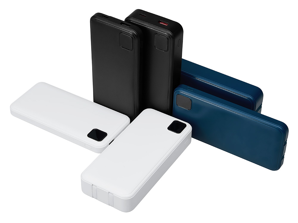 Внешний аккумулятор со встроенными кабелями Фрэйм Про, быстрая зарядка, 20000мач, черный