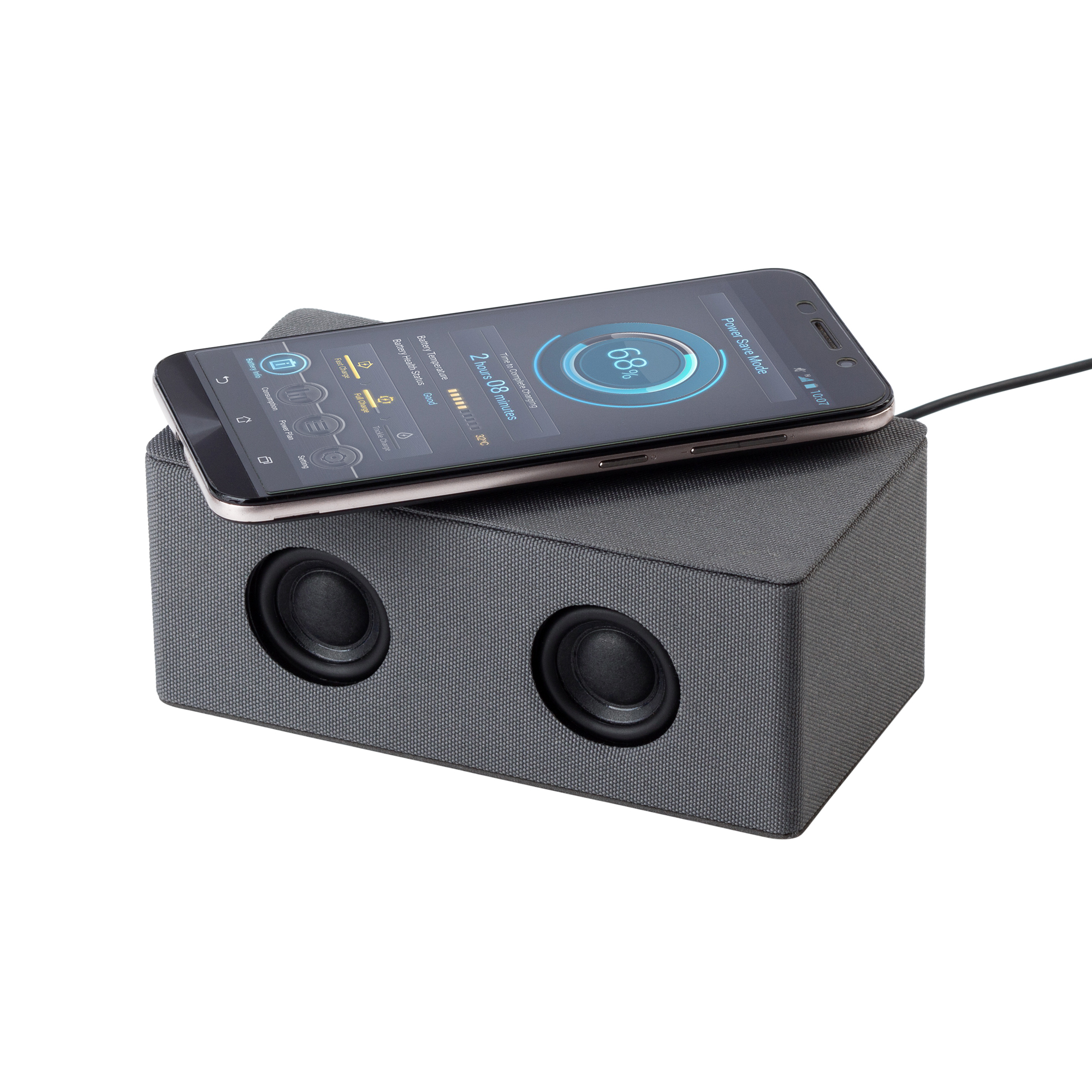 Bluetooth колонка "Cool Gray" с двумя динамиками (2х3Вт) и беспроводным зарядным устройством, переработанный пластик (RPET) Bluetooth колонка "Cool Gray" с двумя динамиками (2х3Вт) и беспроводным зарядным устройством, переработанный пластик (RPET)