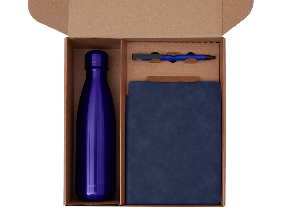 Подарочный набор с термобутылкой, блокнотом, ручкой и чаем, синий