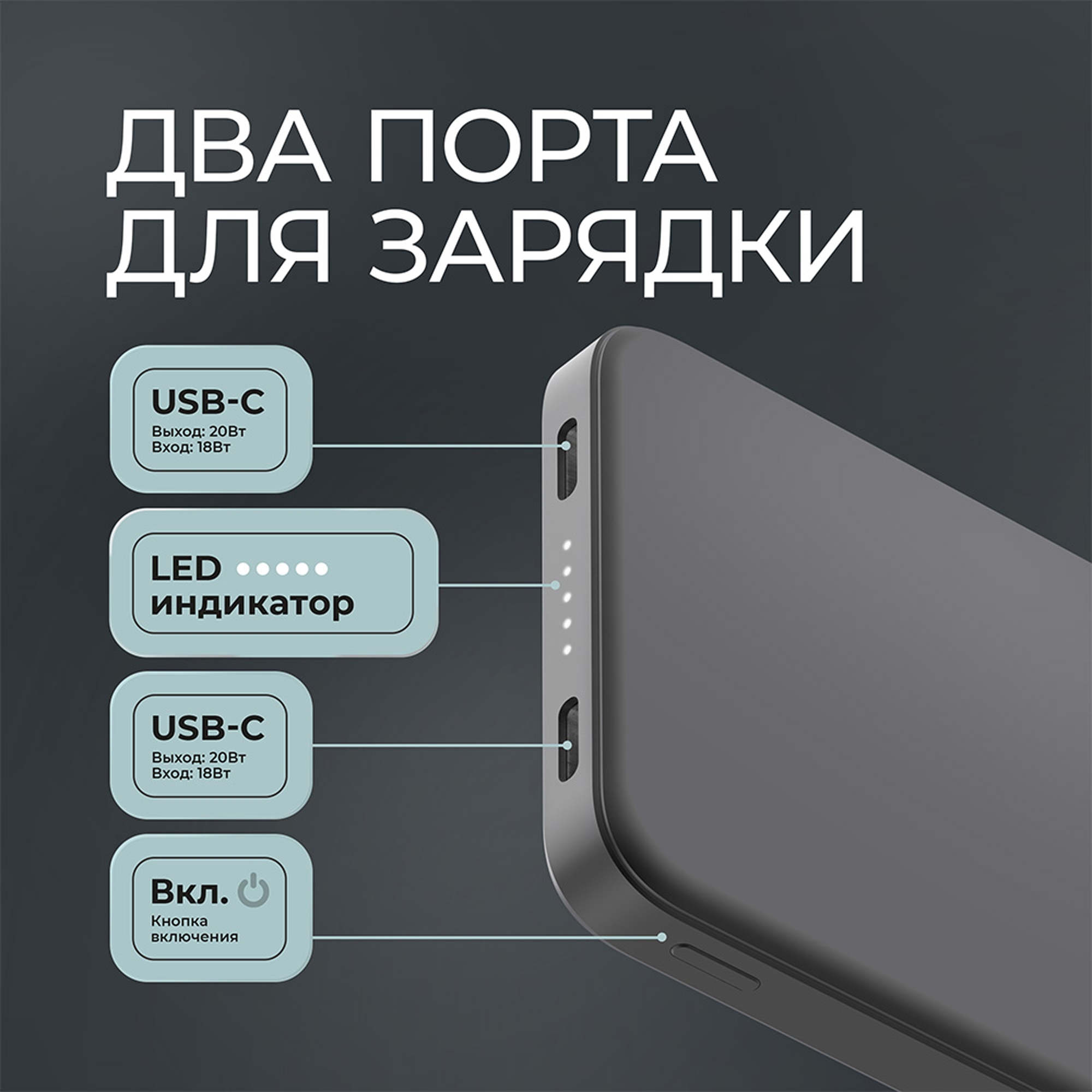 Внешний АКБ NRG Turbo S 10000 mAh, 20Вт, графит, Deppa
