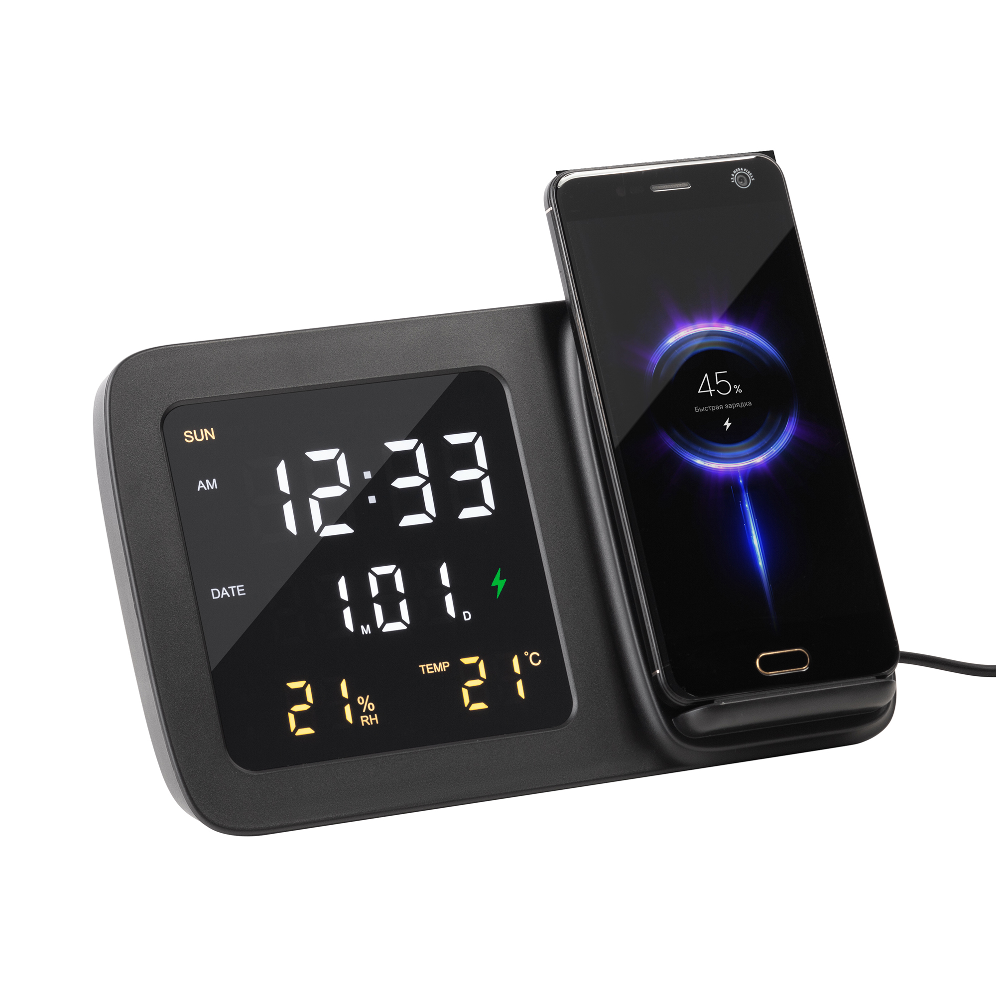 Настольные часы "Smart Screen" с беспроводным (15W) зарядным устройством, гигрометром, термометром, календарём, с подсветкой логотипа Настольные часы "Smart Screen" с беспроводным (15W) зарядным устройством, гигрометром, термометром, календарём, с подсветкой логотипа