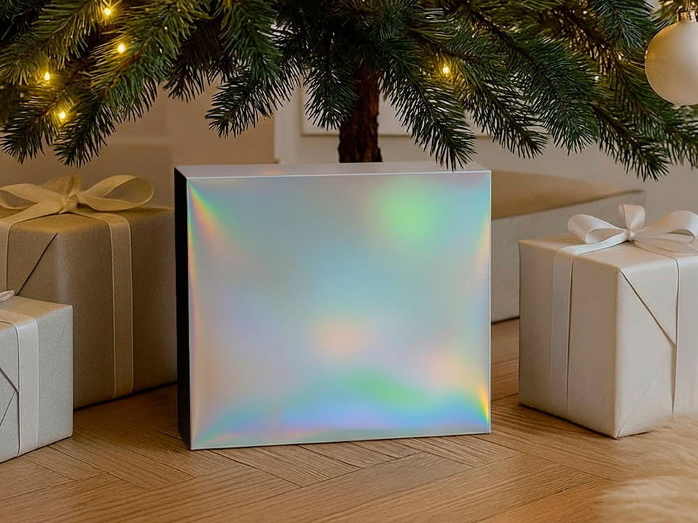 Подарочная коробка с голографическим шубером без печати Aurora, L, 260х260х100 мм. Подарочная коробка с голографическим шубером без печати Aurora, L, 260х260х100 мм.