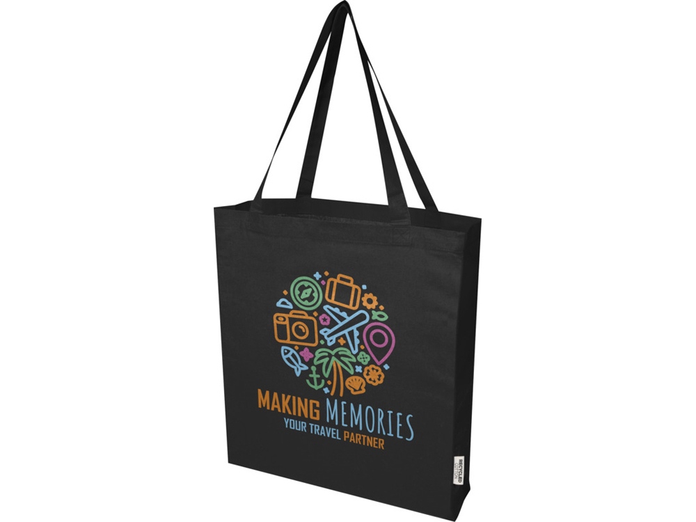 Madras эко- сумка с ластовицей из переработанного хлопка, сертифицированного согласно GRS, плотностью 140 г/м² - сплошной черный Madras эко- сумка с ластовицей из переработанного хлопка, сертифицированного согласно GRS, плотностью 140 г/м² - сплошной черный