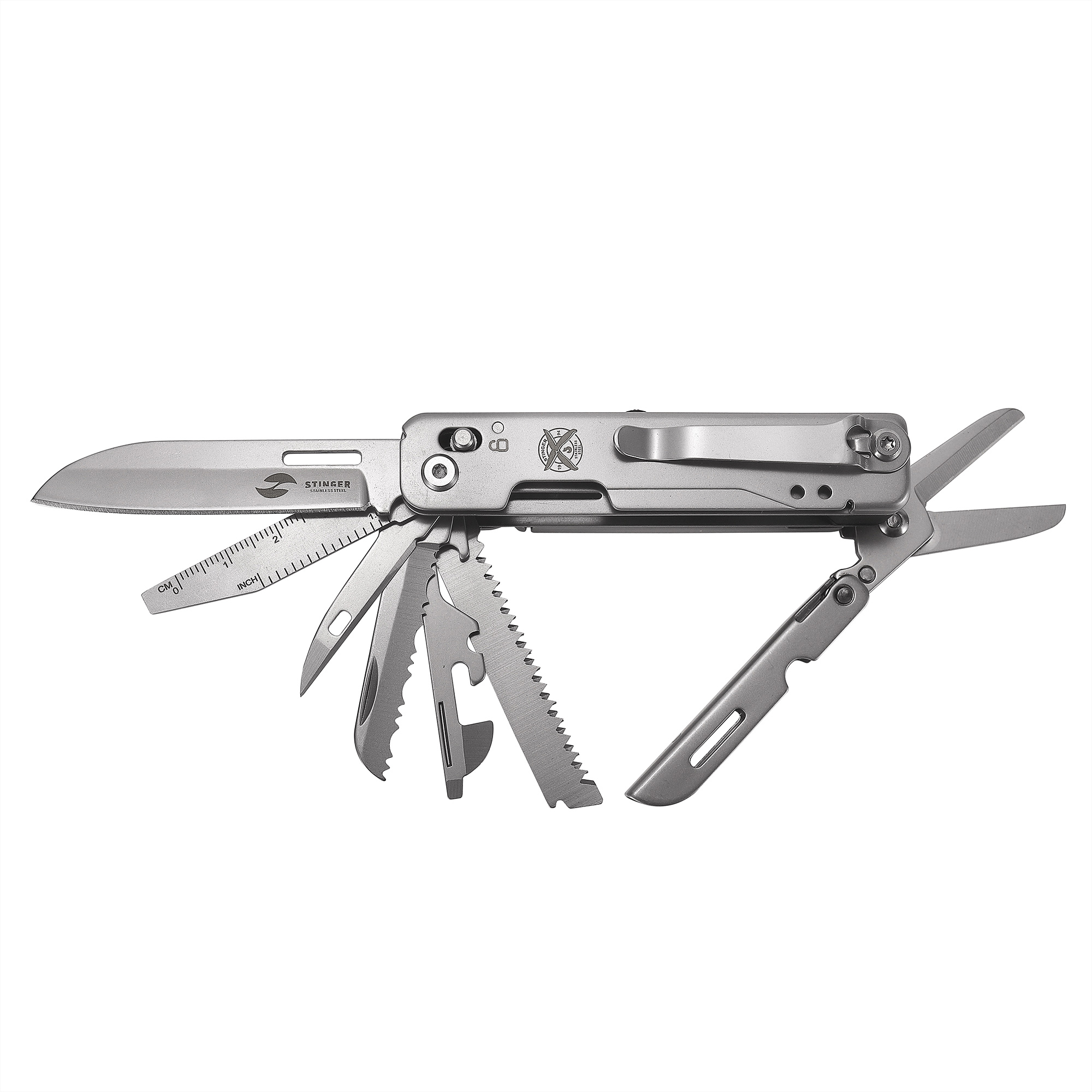 Мультитул Stinger, 92 х 30 мм, 15 функций, нержавеющая сталь, серебристый, в картонной коробке