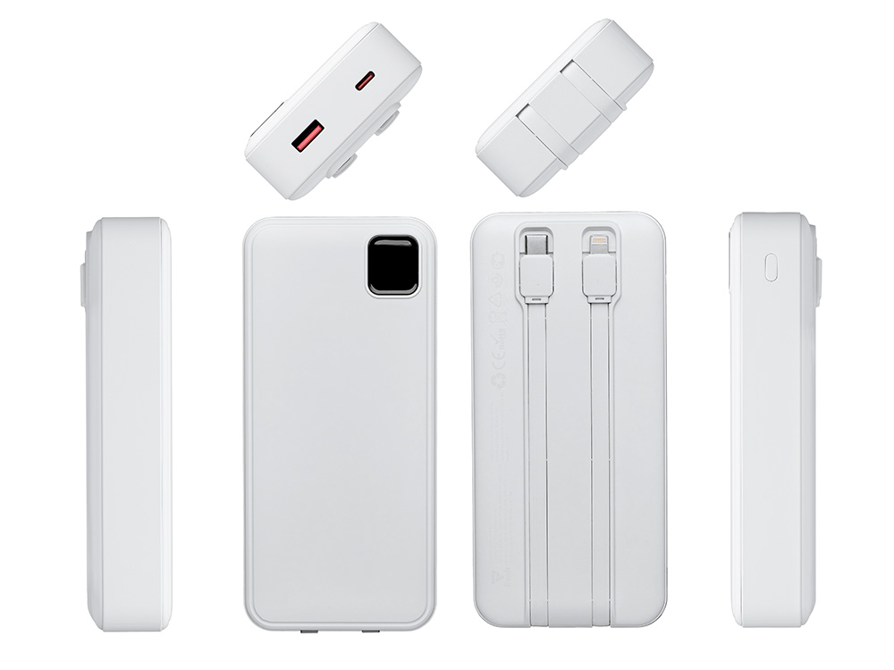 Внешний аккумулятор со встроенными кабелями Фрэйм Про, быстрая зарядка, 20000мач, белый