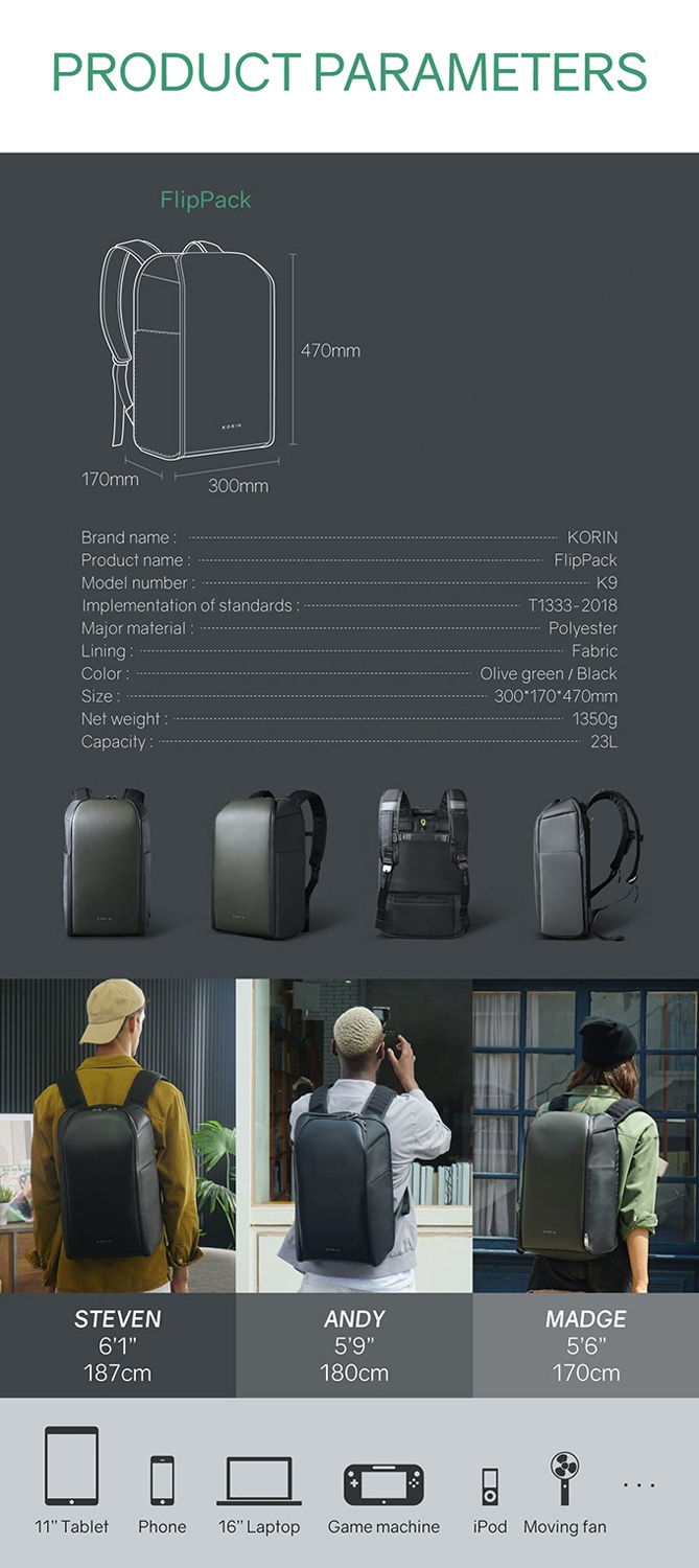 Рюкзак KORIN FlipPack 47х30х17 см, черный