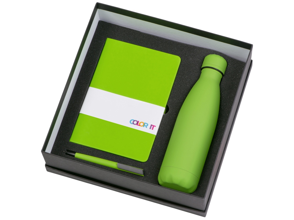 Подарочный набор c блокнотом C1, ручкой и термобутылкой, зеленое яблоко