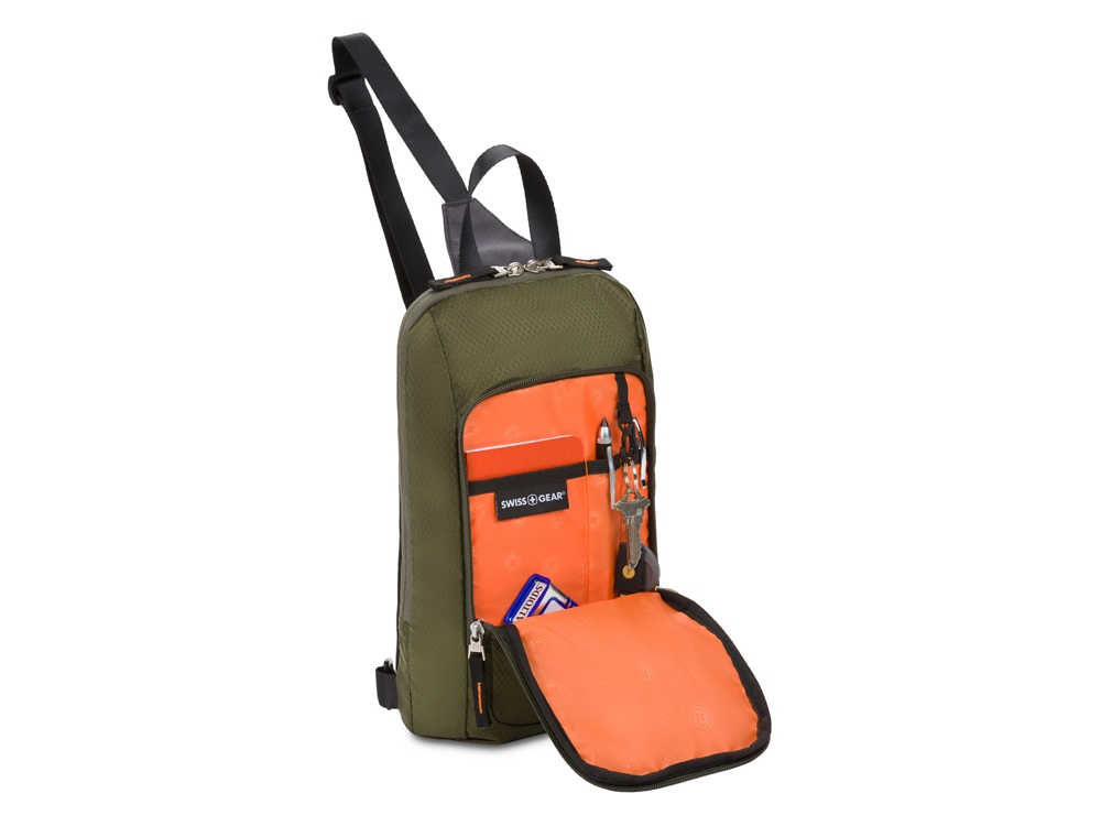 Рюкзак SWISSGEAR с одним плечевым ремнем, зеленый/оранжевый, полиэстер рип-стоп, 18 x 5 x 33 см, 4 л