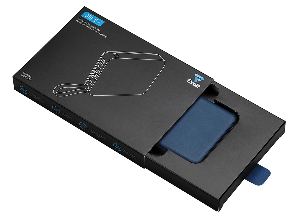 Внешний аккумулятор со встроенным кабелем USB-C Дэнси, 5000 мАч, темно-синий