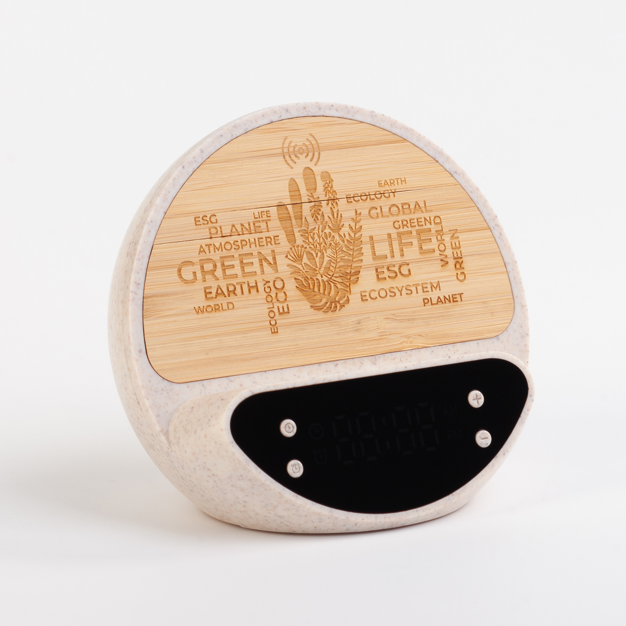 Настольные часы "Smiley" с беспроводным (10W) зарядным устройством и будильником, пшеница/бамбук/пластик