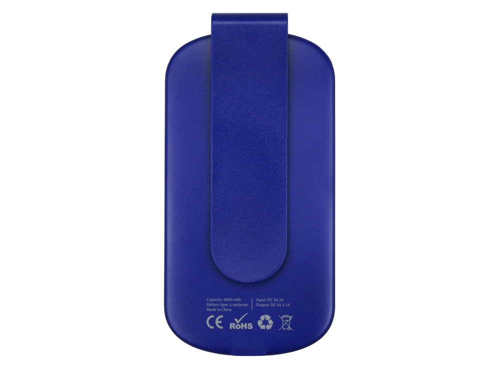 Портативное зарядное устройство Pin на 4000 mAh с большой площадью нанесения и клипом для крепления к одежде или сумке, синий