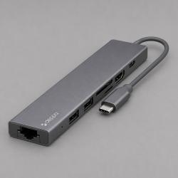 USB Type-C хаб 7-в-1, HDMI, Power Delivery, 2xUSB 3.0, RJ45, microSD/SD, графит, Deppa