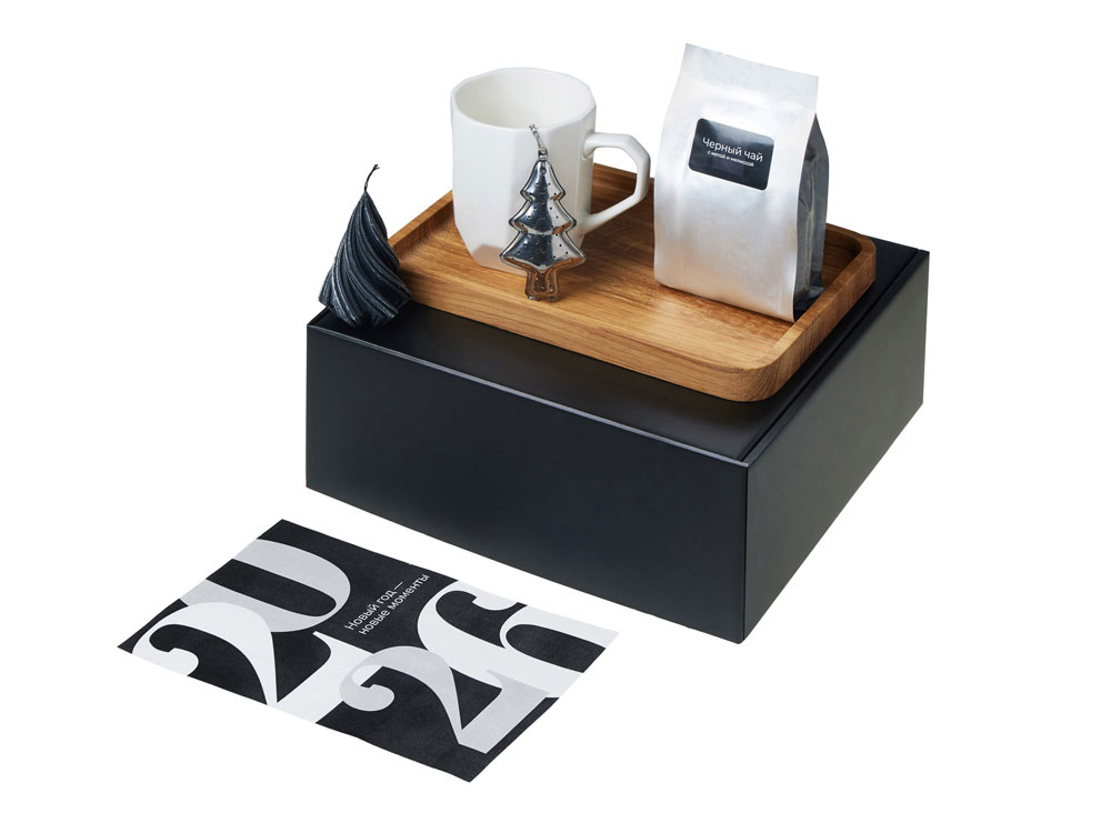 Подарочный набор с кружкой, подносом, свечой и чаем, белый