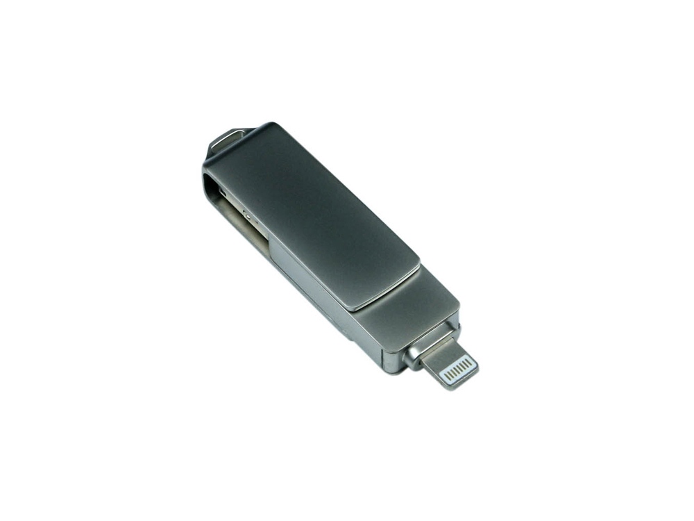 USB-флешка на 64 Гб, интерфейс USB3.0, поворотный механизм,c дополнительными разъемами для I-phone Lightning и Micro USB,  полностью металлический корпус, серебро