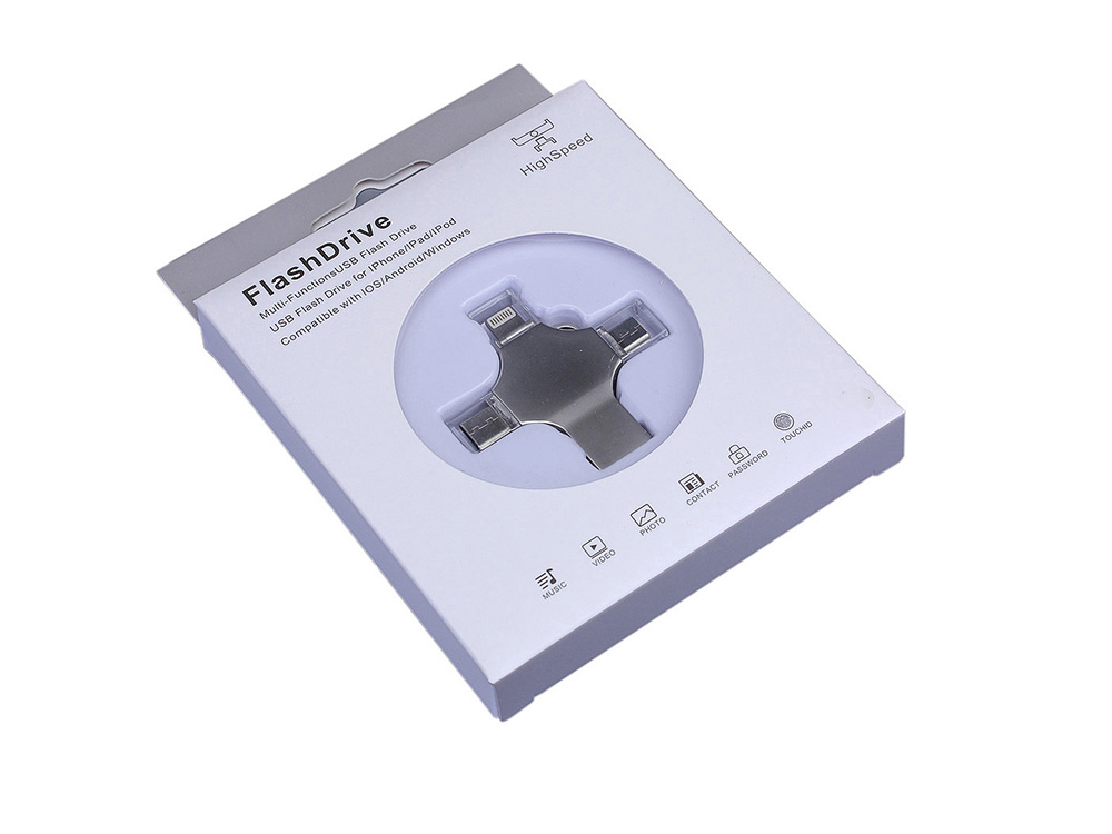 USB-флешка на 64 Гб 4 в 1 поворотный механизм, c дополнительными разъемами MicroUSB, TypeC и Lightning, серебристый