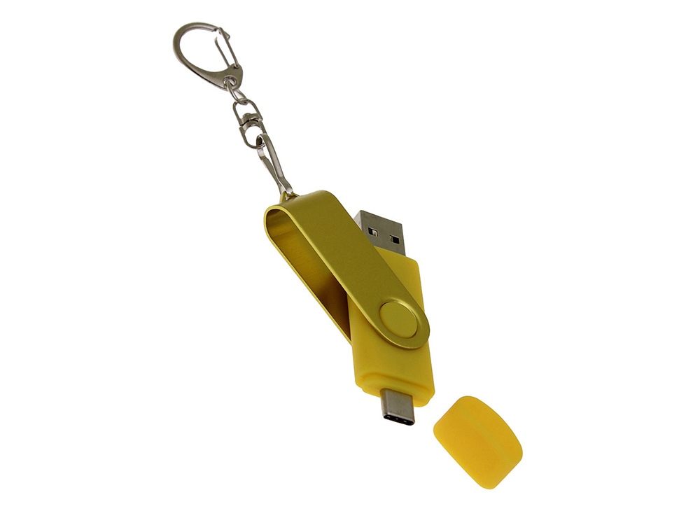USB-флешка на 32 Гб 2 в 1 поворотный механизм, c дополнительным разъемом Type-C с одноцветным металлическим клипом, желтый