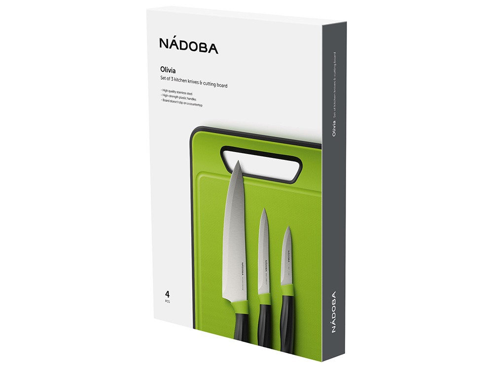 Набор из 3 ножей с пластиковой разделочной доской, NADOBA, серия OLIVIA
