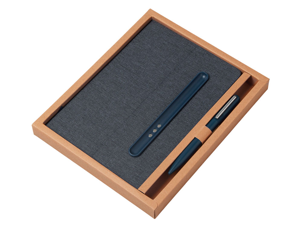 Набор блокнот А5 с магнитным держателем для ручки и подставкой для телефона и металлической шариковой ручкой NotaBene, темно-синий