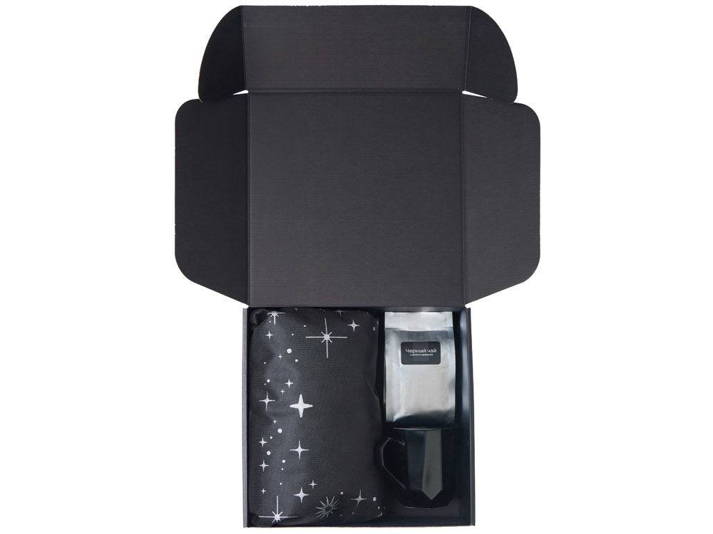 Подарочный набор с кружкой, подносом, свечой и чаем, черный