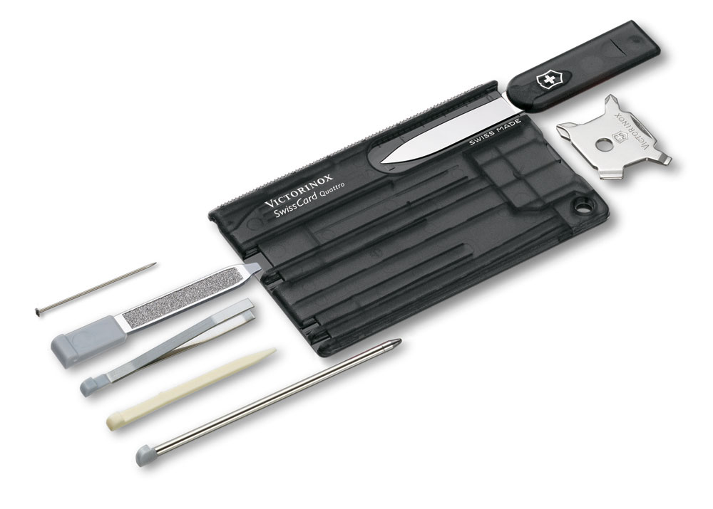 Швейцарская карточка VICTORINOX SwissCard Quattro, 14 функций, полупрозрачная чёрная