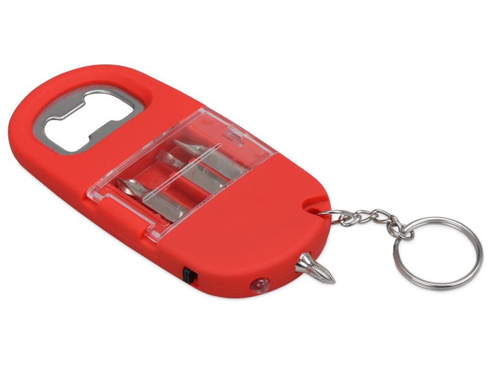 Брелок-открывалка с отвертками и фонариком Uni, софт-тач, красный