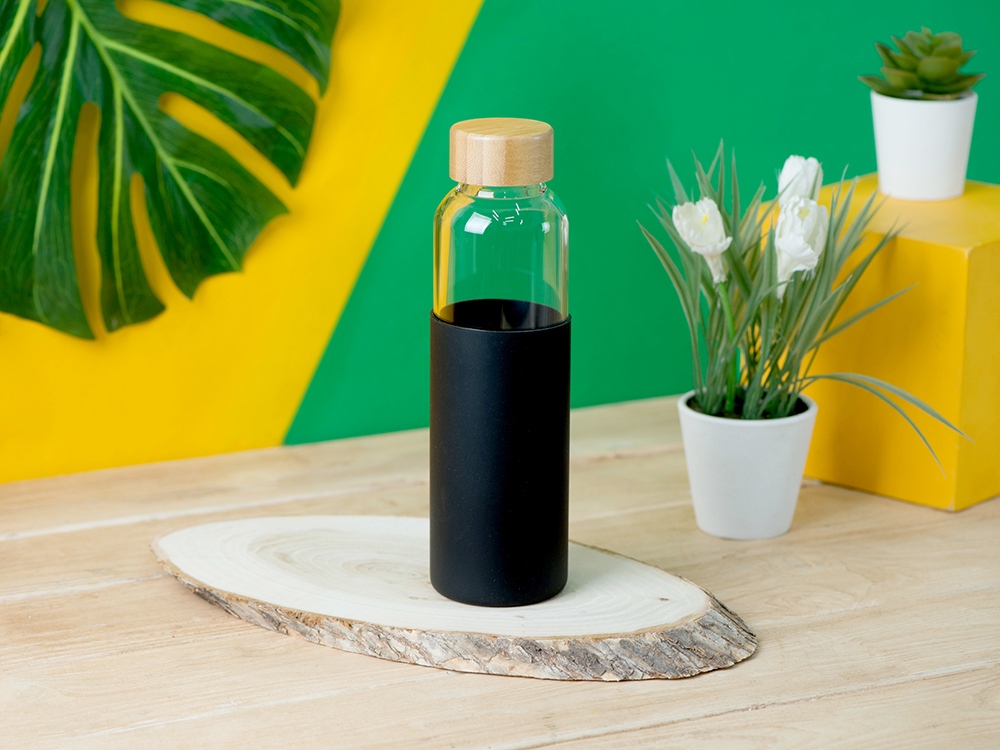 Бутылка для воды стеклянная Refine, в чехле, 550 мл, черный