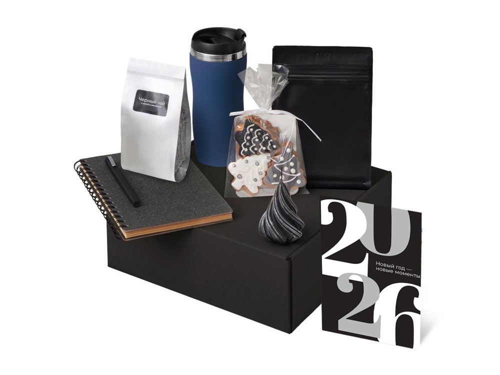 Подарочный набор c термокружкой, чаем, кофе и блокнотом, темно-синий