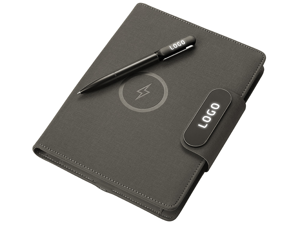 Подарочный набор металлическая ручка и блокнот А5 Twilight  со светящимся логотипом и пауэрбэнком