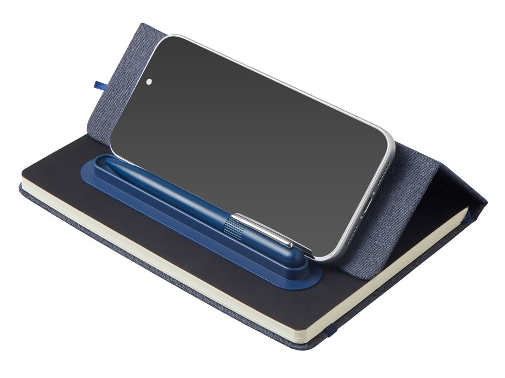 Набор блокнот А5 с магнитным держателем для ручки и подставкой для телефона и металлической шариковой ручкой NotaBene, темно-синий