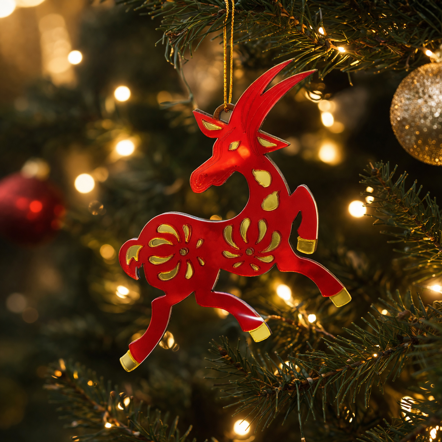 Ёлочная игрушка Коза (красный с золотом)