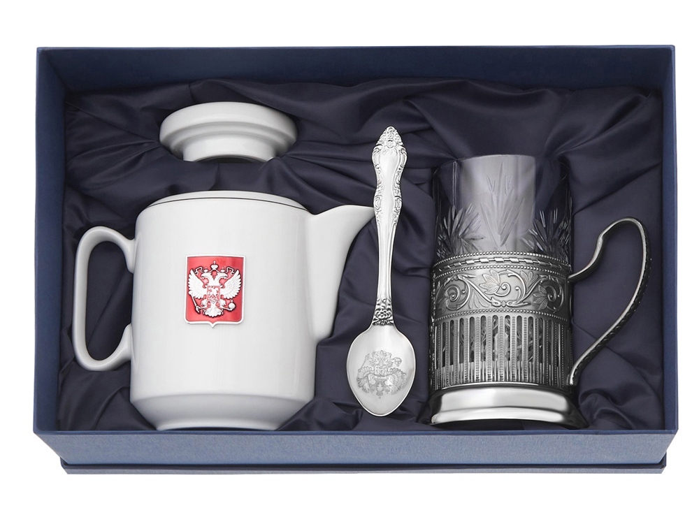 Чайный набор с подстаканником и фарфоровым чайником ЭГОИСТ-М, серебристый/белый