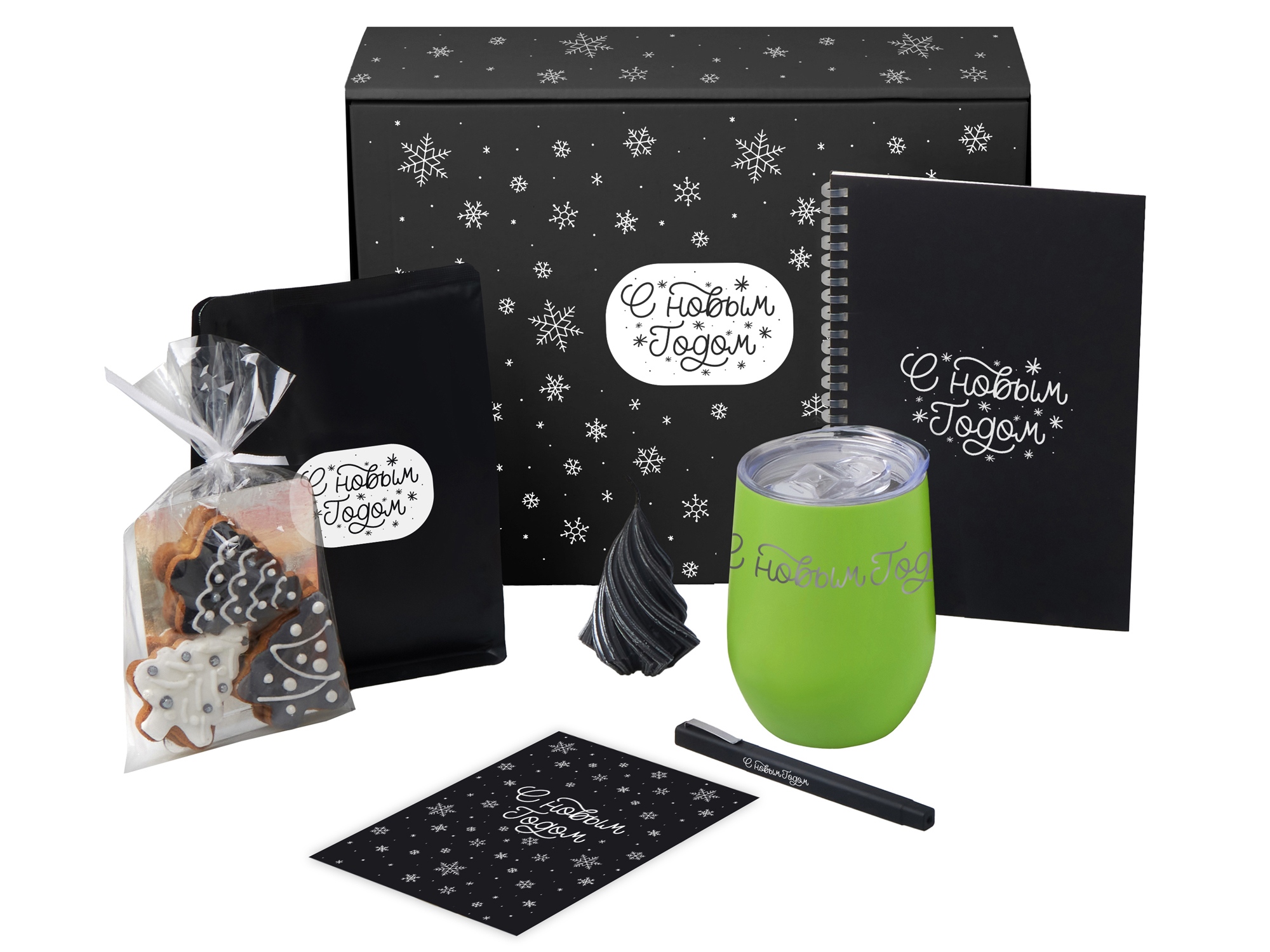 Подарочный набор c термокружкой, блокнотом, ручкой и свечкой, зеленое яблоко