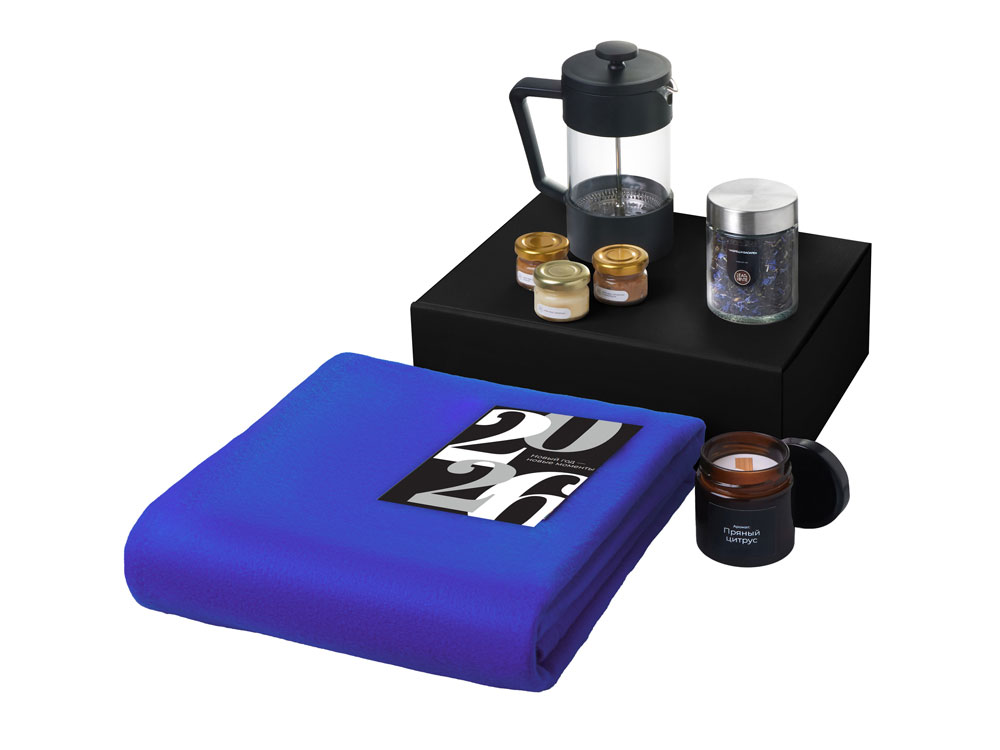 Подарочный набор c пледом, френчпрессом, чаем и медом, синий