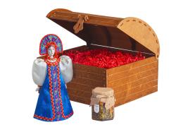 Подарочный набор: кукла фарфоровая, мед, синий