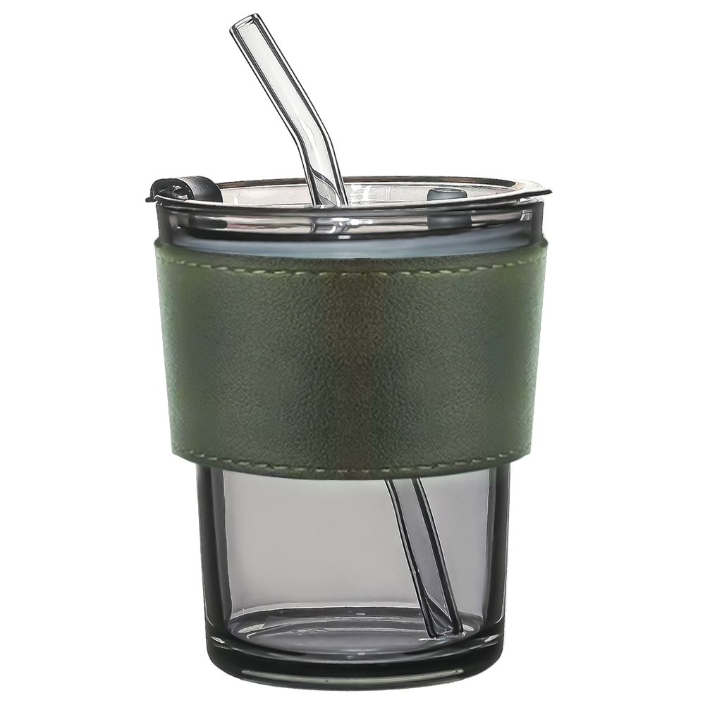 Стакан стеклянный с трубочкой и капхолдером Karamel, зелёный