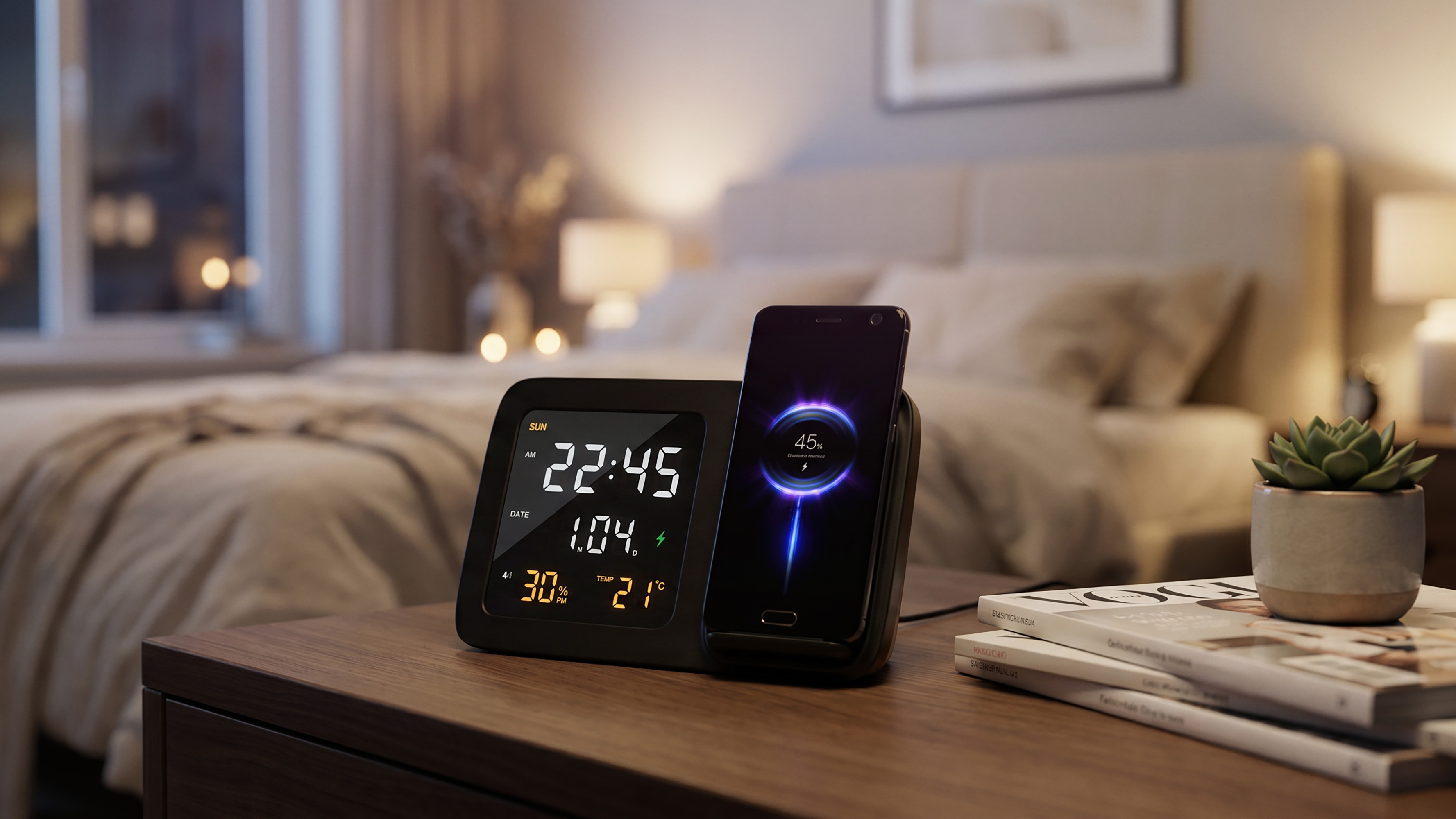 Настольные часы "Smart Screen" с беспроводным (15W) зарядным устройством, гигрометром, термометром, календарём, с подсветкой логотипа Настольные часы "Smart Screen" с беспроводным (15W) зарядным устройством, гигрометром, термометром, календарём, с подсветкой логотипа