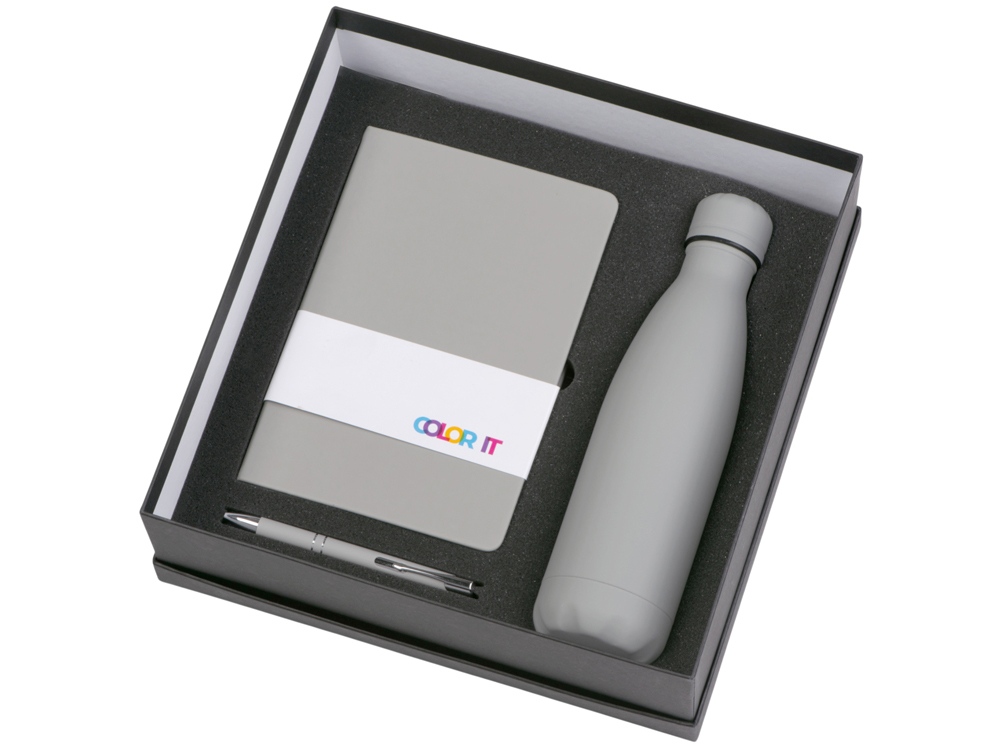 Подарочный набор с блокнотом С2, металлической ручкой и термобутылкой, серый