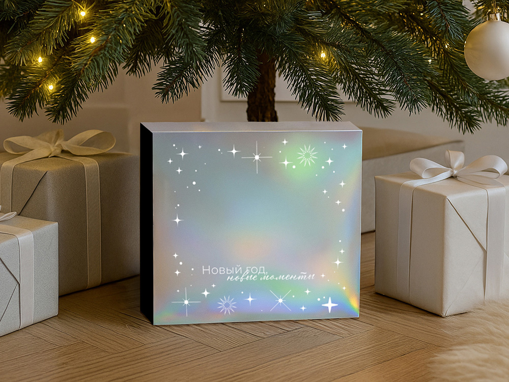 Подарочная коробка с голографическим шубером Aurora, L, вн. размер 260х260х100 мм.