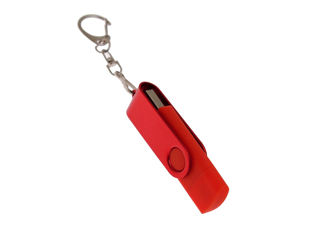 USB-флешка на 64 Гб 2 в 1 поворотный механизм, c дополнительным разъемом Type-C с одноцветным металлическим клипом, красный